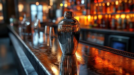 A shiny silver cocktail shaker standing on a bar counter, ideal for showcasing professional bartending tools.