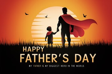 father's day greeting card with super dad and son characters on sunset background. happy fathers day isolated vector illustration cartoon backside view scene with dad and son dressed in superhero