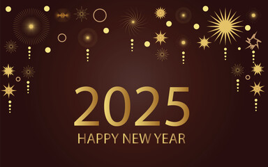 2025 New Year Abstract golden fireworks and golden gradient numbers on dark maroon background