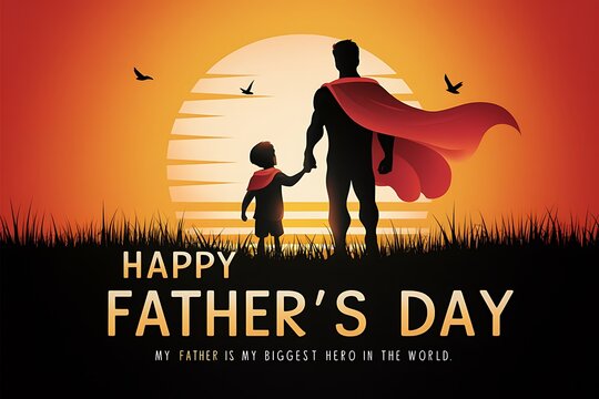 father's day greeting card with super dad and son characters on sunset background. happy fathers day isolated vector illustration cartoon backside view scene with dad and son dressed in superhero