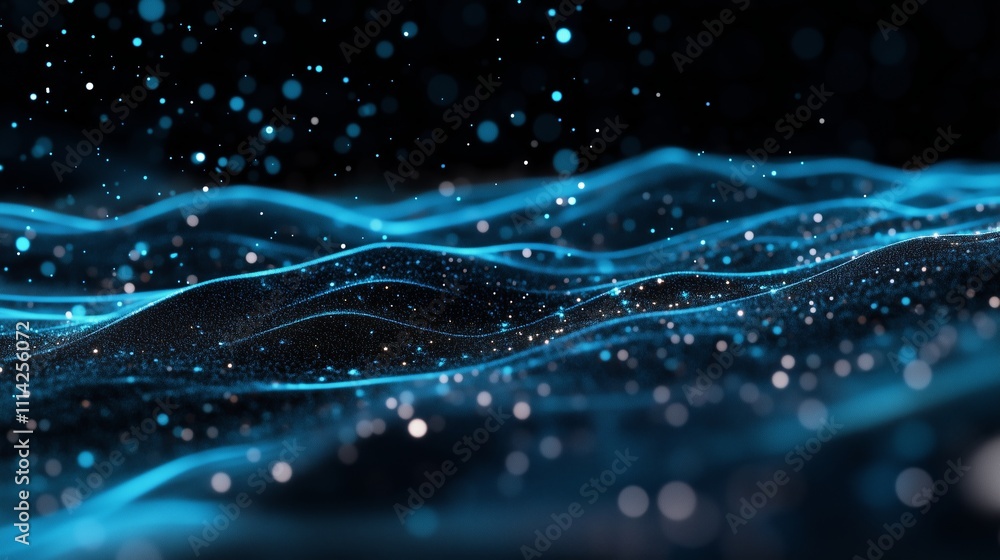 Aufkleber flowing blue waves with shimmering particles in dark space create a stunning visual of energy and mo