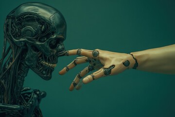 Human-like interaction with robot skeleton futuristic lab digital art intimate conceptual exploration of technology and humanity