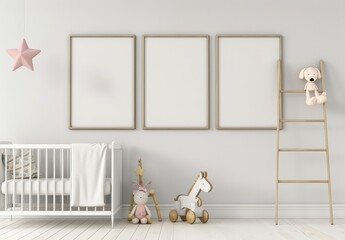 Minimalist nursery interior with a crib. toys. and three empty frames