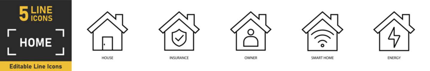 Fototapeta premium Home line icon set. Set of 5 outline icons related to house, insurance, owner, smart home, energy and more. Vector illustration.
