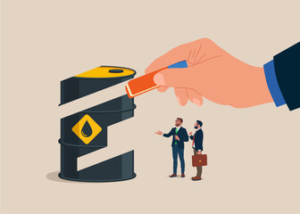 Hand holds eraser and removes crude oil barrel. Refusal petroleum products. Modern flat vector illustration.