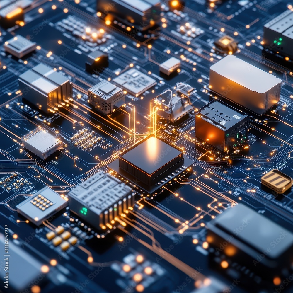 Poster a close-up view of a circuit board showcasing intricate details, including microchips and glowing co