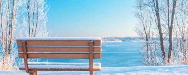 Wide winter banner. Snow-covered bench by a serene winter lake under a clear blue sky.