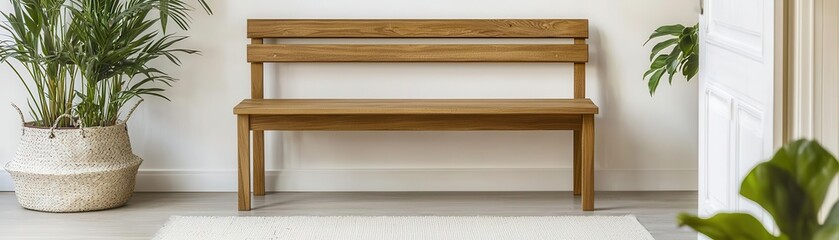A wooden bench sits against a wall, accompanied by a potted plant, creating a serene and inviting interior space.