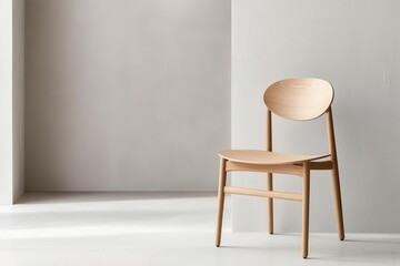 A minimalist wooden chair is positioned in a serene, light-filled space with smooth walls, emphasizing modern design and simplicity.