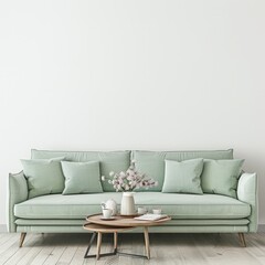 A light green sofa with pillows sits in front of a blank white wall A wooden coffee table with a vase of pink flowers and coffee cups sits in front of the sofa The floor is hardwood