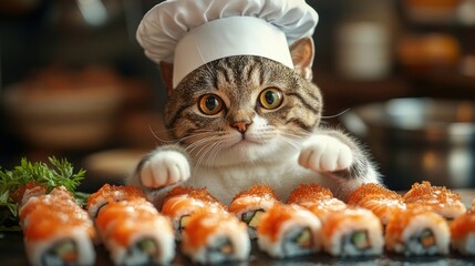 Obraz premium Cute red cat in a chef's hat cooking sushi.