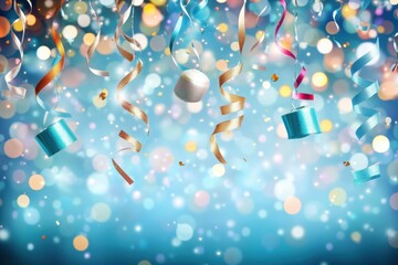Celebratory party decorations with colorful streamers and bokeh lights indoor ambiance festive atmosphere high angle view