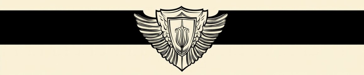 Winged shield emblem on black banner.