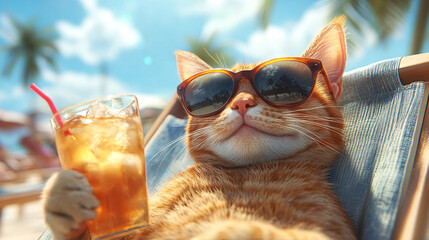 A relaxed cat in sunglasses enjoys a tropical drink, lounging under the sun with palm trees in the background.