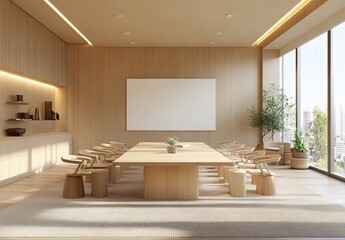 A warm-toned office with a city skyline view, featuring a conference room with a meeting table, blank whiteboard, and a focus on development planning, teamwork, and business financial strategies.