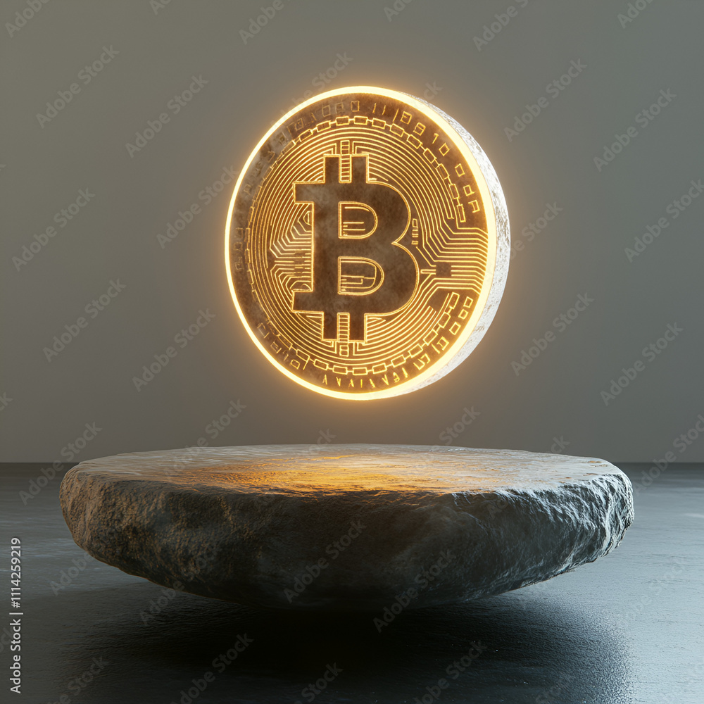 Poster bitcoin symbolizing digital currency innovation virtual space 3d visualization minimalist design fut