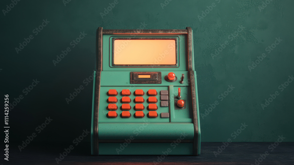 Poster 3d rendering register concept, retro arcade cash register with glowing button in vibrant colors agai