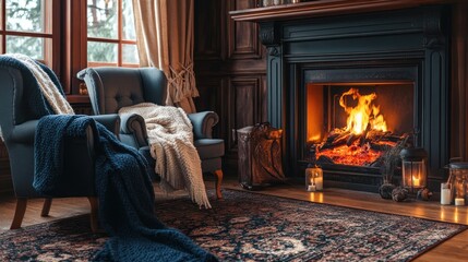 Cozy living room with fireplace, armchair, and blankets.