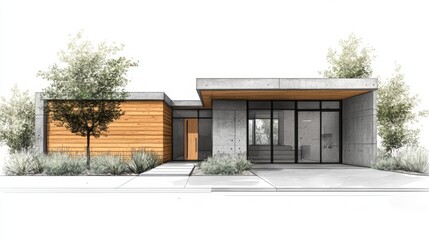 Modern architectural design featuring a minimalist house with wood and concrete elements set in a landscaped environment