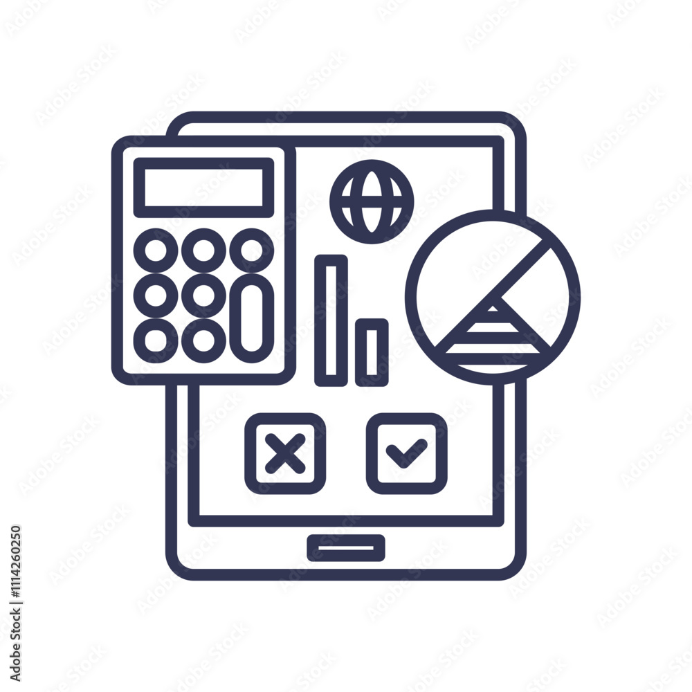 Poster tablet with calculator, charts, and decision icons symbolizes data-driven decision-making.