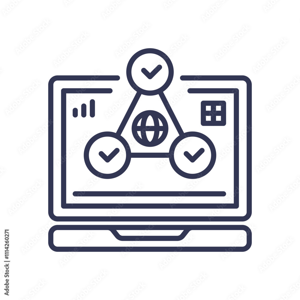 Poster laptop with interconnected checkmarks and globe, symbolizing global digital learning.
