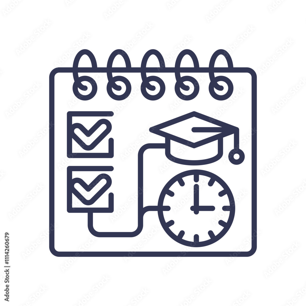 Poster notebook with checklists, clock, and graduation cap symbolizing time management and education.