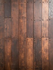 Fototapeta premium A close-up view of rustic wooden planks, featuring a mix of textures, colors, and metal fasteners, creating a warm, vintage aesthetic.