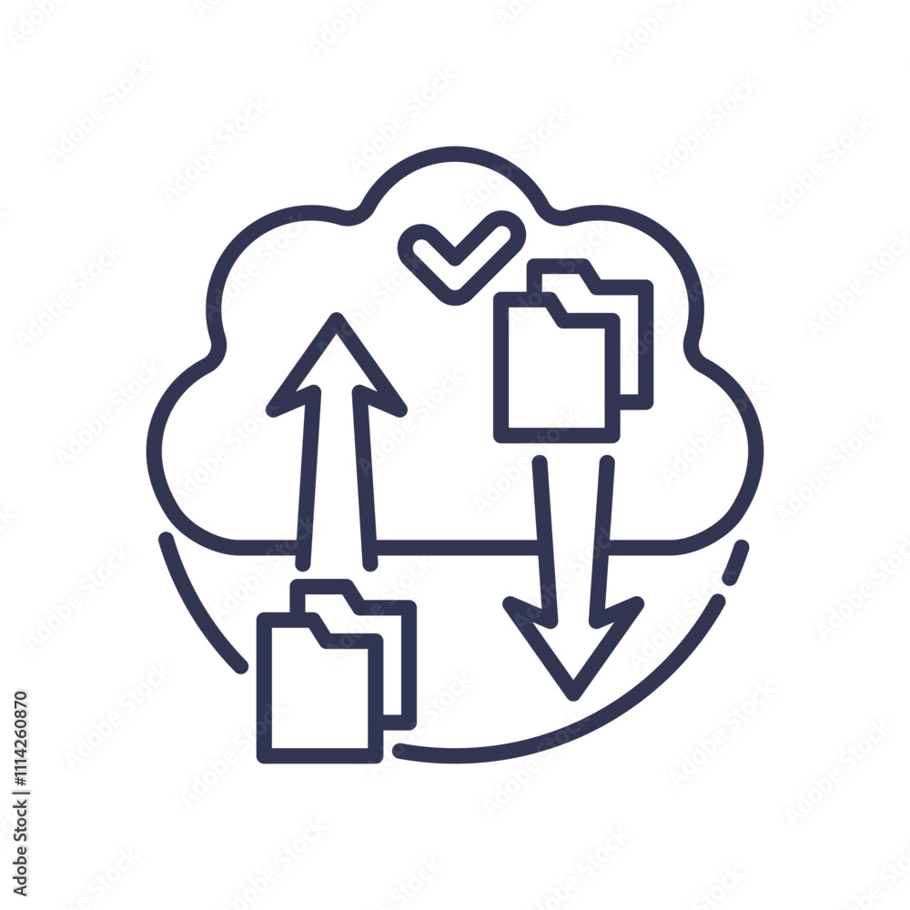 Poster cloud with arrows and files symbolizes cloud storage and data accessibility.