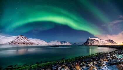 Naklejka premium northen lights aurora borealis in iceland over the fjord