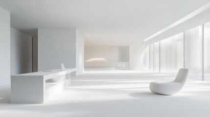 Fototapeta premium A clean, all-white office space with sleek furniture and natural light streaming in.