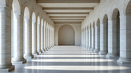 Sunlit classical colonnade interior.