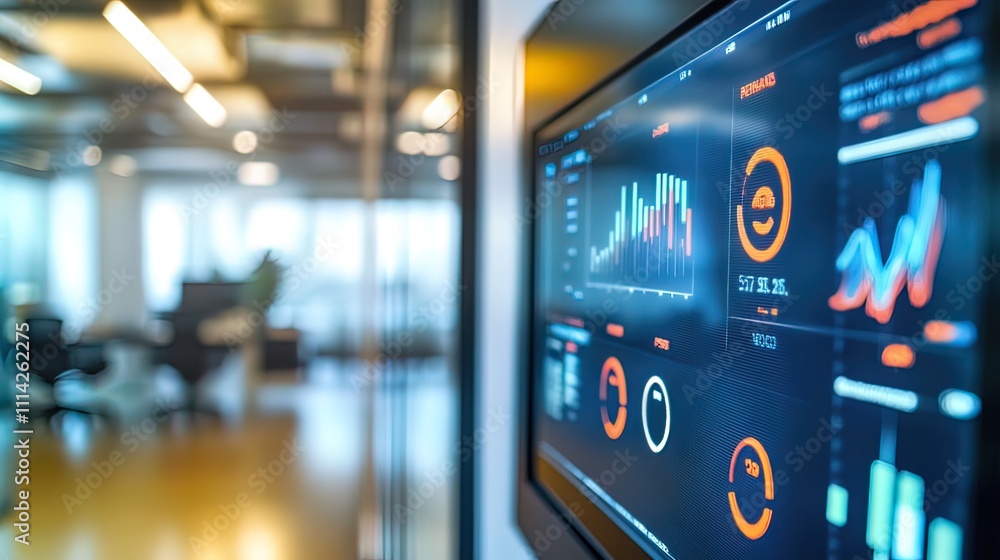 Poster modern office interior with large screen displaying financial data charts and graphs.
