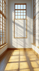 Obraz premium Sunlit empty room with large windows and hardwood floor.