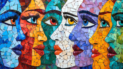 Fototapeta premium Colorful mosaic artwork showcasing stylized faces, representing diversity and unity through vibrant color and artistic expression. Mosaic. Illustration