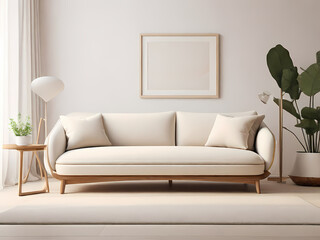 Image features a minimalist interior setting with a focus on a framed blank white poster. The poster is held in a thin, light wooden frame, propped against the backrest of a plush, white, tufted sofa.