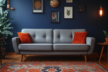 Cozy living room sofa with decorative pillows indoor space interior design modern aesthetic warm lighting