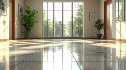 Fototapeta premium Sunlit hallway with large window, plants, and polished floor.