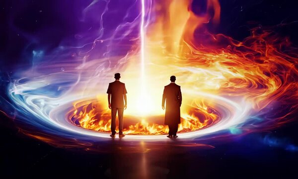 Shadrach, Meshach, and Abednego in the fiery furnace, depicted within a swirling nebula, highlighting their faith amidst trials