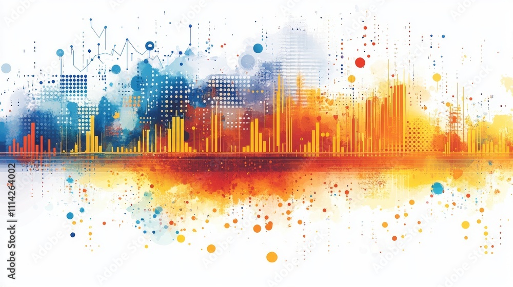 Poster vibrant abstract city skyline with colorful patterns illustrating data visualization concepts