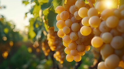 Golden Grapes Hanging On Vine In Sunlight