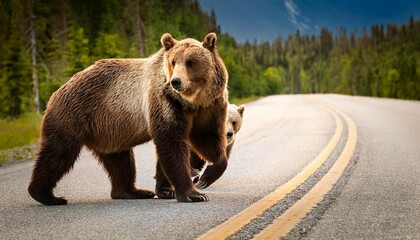 Obraz premium grizzly bears on the road ursus arctos horribilis canada