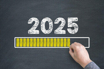 Bright yellow text displays Happy New Year 2025 with a loading progress bar on a blackboard...