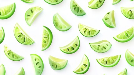 Obraz premium Scattered lime wedges on white background.