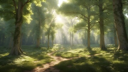 Obraz premium A picturesque forest clearing in the southwest of France, surrounded by vibrant green foliage and dappled sunlight filtering through the dense canopy above, creating a peaceful, enchanting atmosphere 