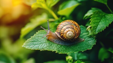 Snail crawling on a green leaf in garden.