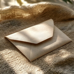 Beige envelope on burlap fabric in sunlight.