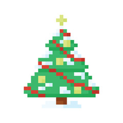 Fototapeta premium Christmas tree with snow, icon in 8 bit style
