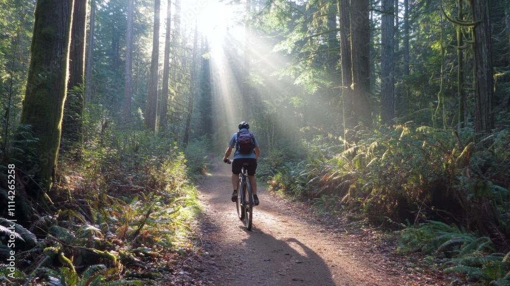 Aufkleber A cyclist rides along a narrow dirt path surrounded by tall trees in a lush forest. Sunlight streams through the canopy, creating a serene atmosphere during the morning hours.