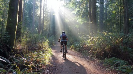 Naklejka premium A cyclist rides along a narrow dirt path surrounded by tall trees in a lush forest. Sunlight streams through the canopy, creating a serene atmosphere during the morning hours.
