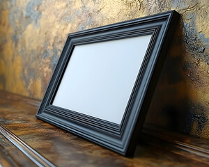 Fototapeta premium Blank black picture frame on wooden surface against textured wall.